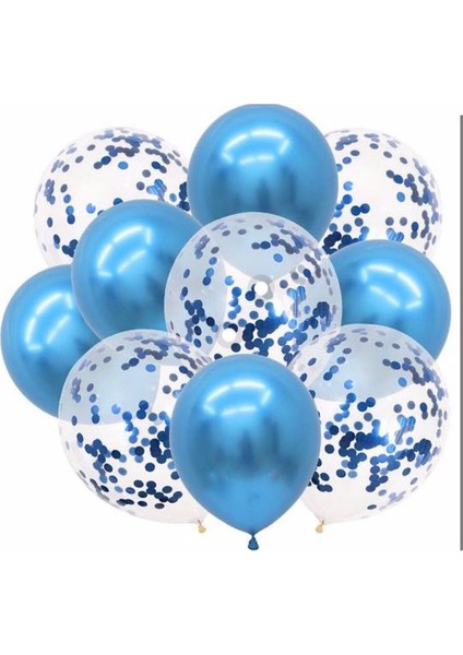 Metalik Mavi ve Mavi Konfetili Şeffaf Balon Seti