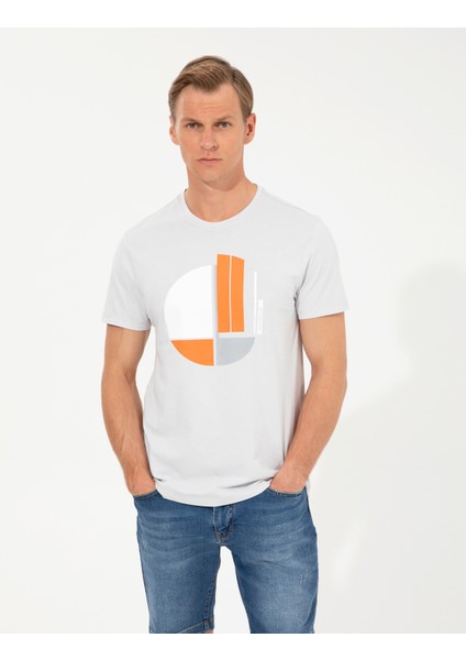 Erkek Gri Melanj Slim Fit Baskılı Bisiklet Yaka Tişört 50254025-VR091