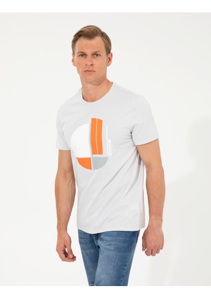 Erkek Gri Melanj Slim Fit Baskılı Bisiklet Yaka Tişört 50254025-VR091 modelleri