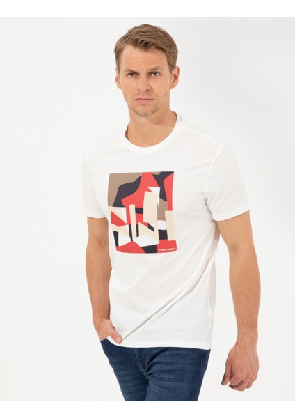 Erkek Ekru Slim Fit Baskılı Bisiklet Yaka Tişört 50254023-VR019