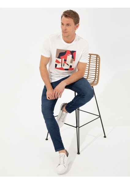 Erkek Ekru Slim Fit Baskılı Bisiklet Yaka Tişört 50254023-VR019