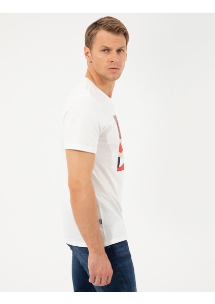 Erkek Ekru Slim Fit Baskılı Bisiklet Yaka Tişört 50254023-VR019