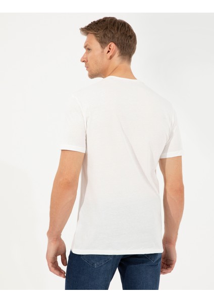 Erkek Ekru Slim Fit Baskılı Bisiklet Yaka Tişört 50254023-VR019