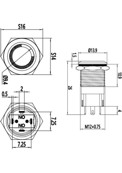 12A-P1-E 12MM Düz Yaylı Işıklı Metal Buton - Kırmızı