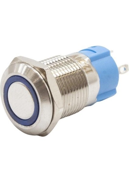 12A-P1-E 12MM Düz Yaylı Işıklı Metal Buton - Mavi