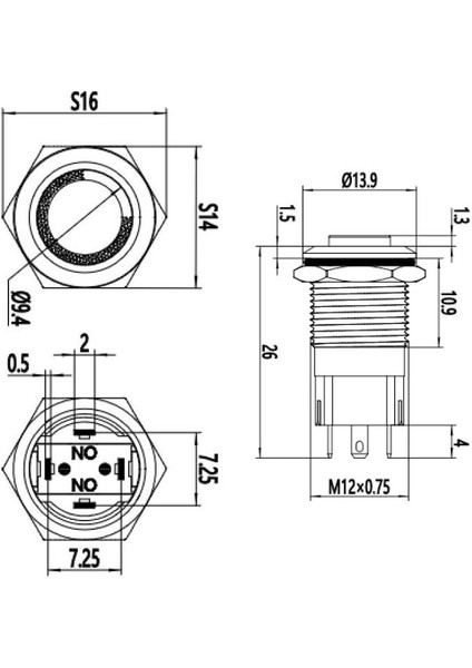 12A-G1-E 12MM Çıkık Yaylı Işıklı Metal Buton - Yeşil