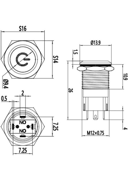 12A-P1Z-C 12MM Düz Anahtarlı Işıklı Power Metal Buton - Kırmızı