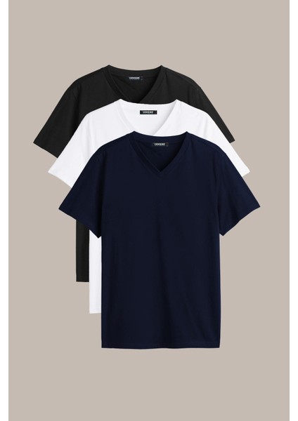 Erkek Çok Renkli T- Shirt Regular Fit Rahat Kesim V Yaka 3'lü Basic Tişört Paketi