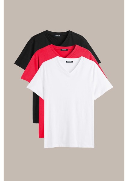 Erkek Çok Renkli T- Shirt Regular Fit Rahat Kesim V Yaka 3'lü Basic Tişört Paketi