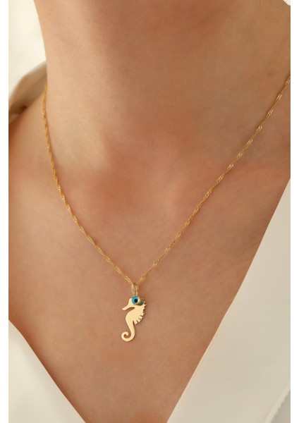 14 Ayar Altın Singapur Zincir Deniz Atı-Göz Kolye