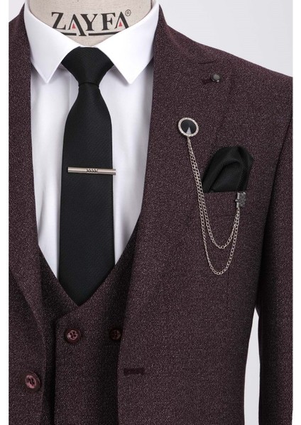 Bordo Desenli Slim Fit Takım Elbise