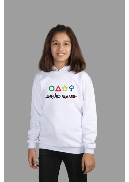 çoçuk Beyaz Kapşonlu Sweatshirt Squid Game Dijital Baskılı Iki Iplik Içi Şardonlu