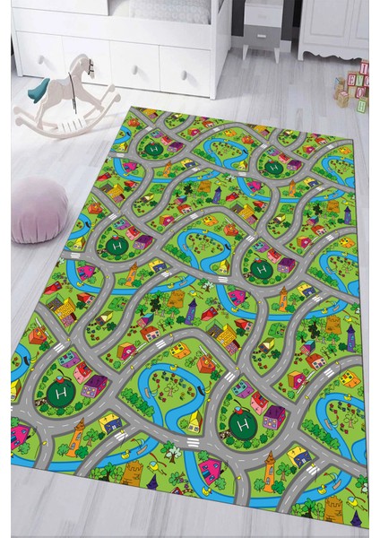 Dijital Baskılı Kaymaz Tabanlı Yıkanabilir Trafik Yollu Çocuk Odası Halısı NHÇ-HP-742