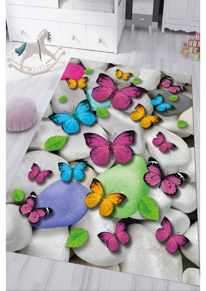 Dijital Baskılı Kaymaz Tabanlı Yıkanabilir Kelebekli Çocuk Odası Halısı NHÇ-HT-1179