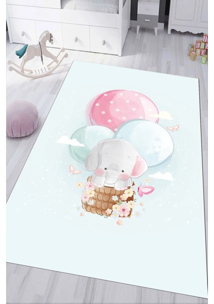 Dijital Baskılı Kaymaz Tabanlı Yıkanabilir Fil Desenli Çocuk Odası Halısı NHÇ-HP-720
