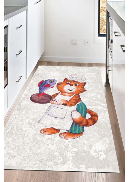 Napoli Home Dijital Baskılı Kaymaz Taban Yıkanabilir Aşçı Kedi Baskılı Mutfak Halısı NHM-HM-560