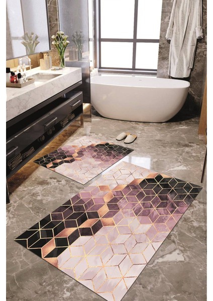 Dijital Baskılı Kaymaz Taban Yıkanabilir 2'li Banyo Paspası Halı Takımı NH-KLZT-HT-323