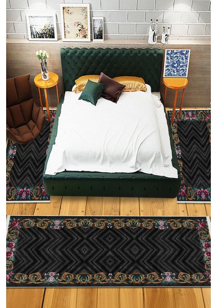 Dijital Baskılı Kaymaz Taban Yıkanabilir Çiçekli 3'lü Yatak Odası Takım Halısı NHYO-SD-237