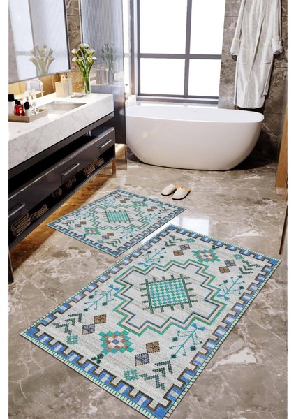Dijital Baskılı Kaymaz Taban Yıkanabilir 2'li Banyo Paspası Halı Takımı NH-KLZT-SD-809