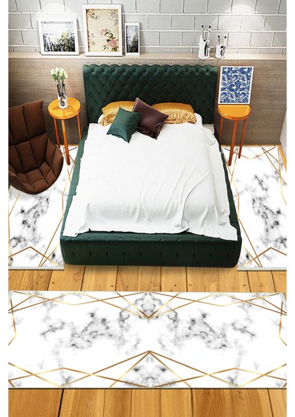 Dijital Baskılı Kaymaz Taban Yıkanabilir Mermer Desenli 3'lü Yatak Odası Takım Halısı NHYO-HT-326