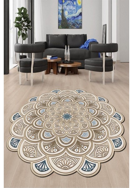 Dijital Baskılı Kaymaz Taban Yıkanabilir Yuvarlak Lazer Kesim Salon Halısı NH-LZR-SD-602