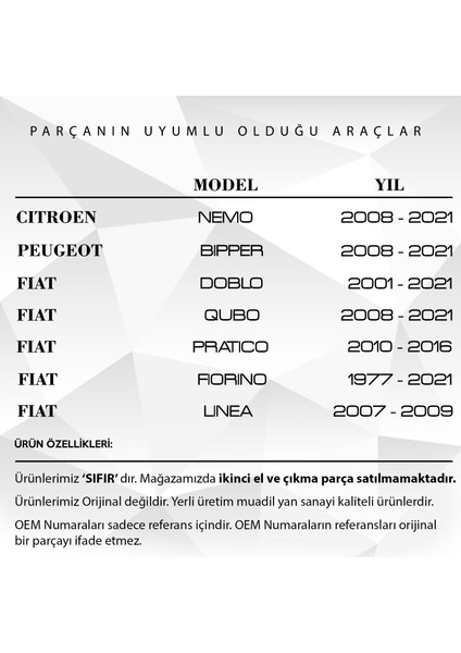 Fiat Doblo, Peugeot Bipper, Citroen Nemo Için Kaput Içten Açma Kolu