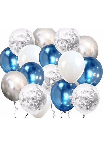 Krom Mavi Gümüş Pastel Beyaz Konfetili Balon Seti