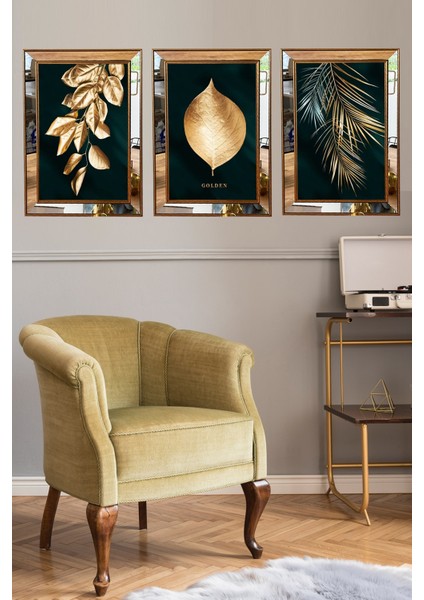 Ayna Çerçeveli Üçlü Siyah Zemin Gold Yapraklı Camlı Tablo Poster Seti