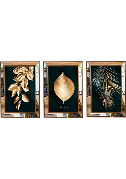 Ayna Çerçeveli Üçlü Siyah Zemin Gold Yapraklı Camlı Tablo Poster Seti