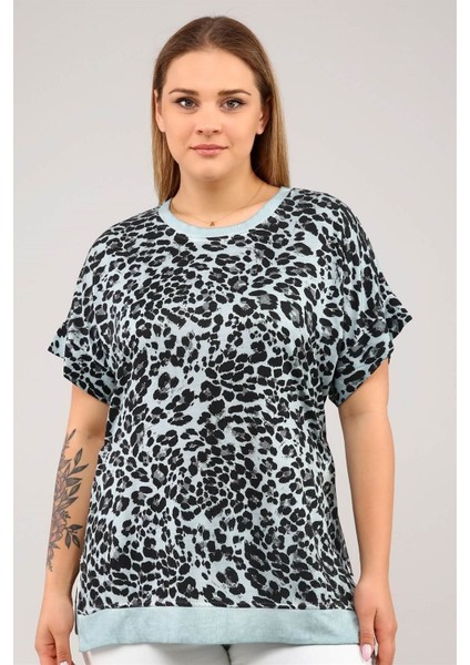 Leopar Desenyanları Yırtmaçlı Yağ Yıkama Kısa Kol Tshirt-Açık Yeşil