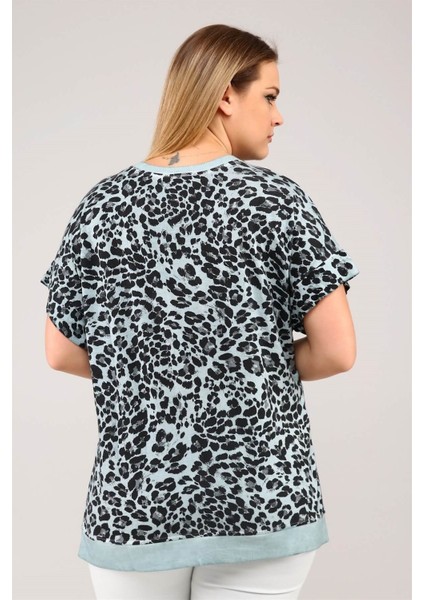 Leopar Desenyanları Yırtmaçlı Yağ Yıkama Kısa Kol Tshirt-Açık Yeşil