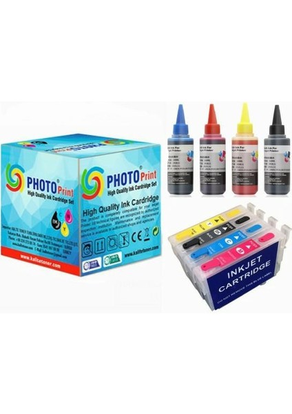 Epson Stylus S21 T0711-T0714 Muadil Kolay Dolan Kartuş + 4 x100 ml Renk Mürekkep Seti
