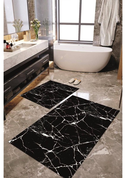 Dijital Baskılı Kaymaz Taban Yıkanabilir 2'li Banyo Paspası Halı Takımı NH-KLZT-HT-415