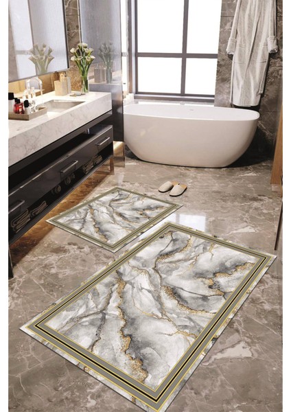 Dijital Baskılı Kaymaz Taban Yıkanabilir 2'li Banyo Paspası Halı Takımı NH-KLZT-HY-966