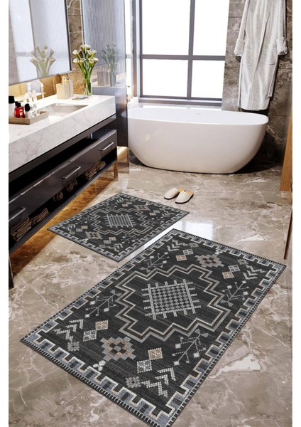 Dijital Baskılı Kaymaz Taban Yıkanabilir 2'li Banyo Paspası Halı Takımı NH-KLZT-SD-806