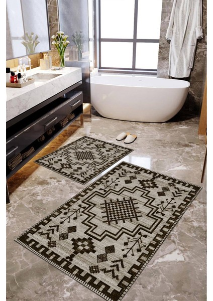 Dijital Baskılı Kaymaz Taban Yıkanabilir 2'li Banyo Paspası Halı Takımı NH-KLZT-SD-808