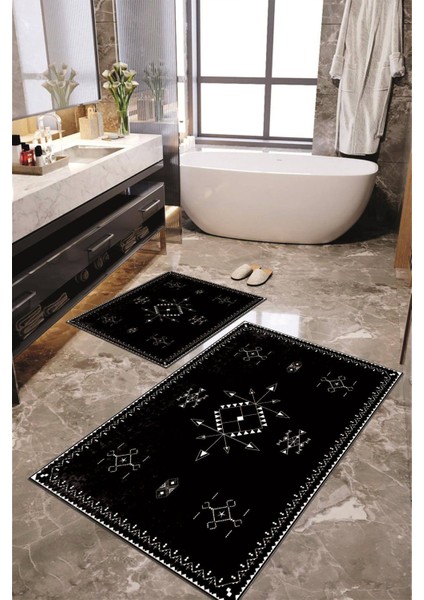 Dijital Baskılı Kaymaz Taban Yıkanabilir 2'li Banyo Paspası Halı Takımı NH-KLZT-SD-959