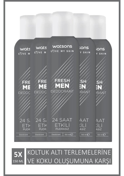 Fresh Men Pudrasız Deodorant Sprey 150 ml x 5