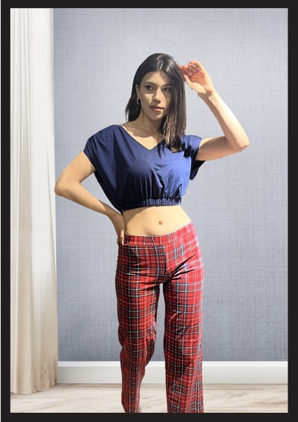 Kadın Kırmızı Ekoseli Pijama Takımı New Model Home Dresses