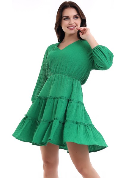 V Yaka Mini Elbise Yeşil MDNSS23