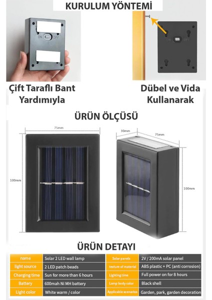 1ADET Modern Solar Çift Taraflı Duvar Lamba Güneş Enerjili Aydınlatma Dekorasyon Aplik