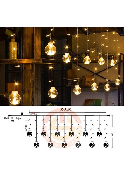 Küre Perde LED 3mt 12 Toplu Animasyonlu Eklenebilir Fişli Kablolu LED Dekoratif Ampül