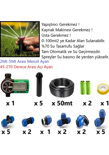 Otomatik Peyzaj Çim Sulama Seti - Fiskiye x 5AD.+PILLI Zaman Saati + Boru ve Ek Malzemeler fiyatları