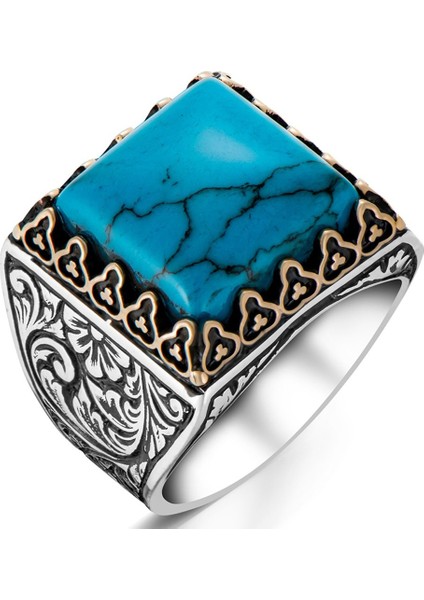 925 Ayar Gümüş Kare Turkuaz(Firuze) Taşlı Erkek Yüzük