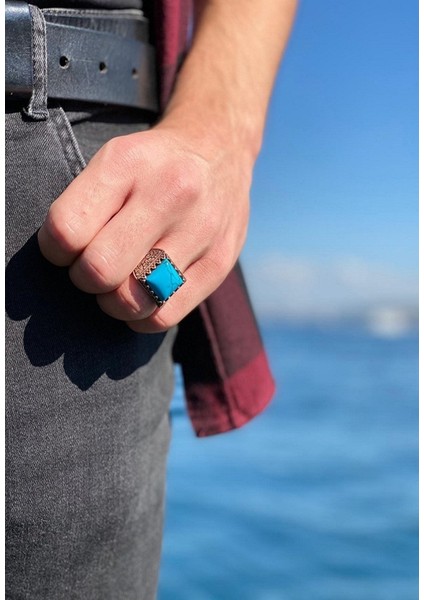 925 Ayar Gümüş Kare Turkuaz(Firuze) Taşlı Erkek Yüzük fiyatları