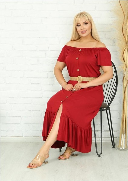 Kadın Büyük Beden Bordo Yaka Lastik Eteği Fırfır Likralı Viskon Elbise (Kemer Dahil Değil) fiyatları