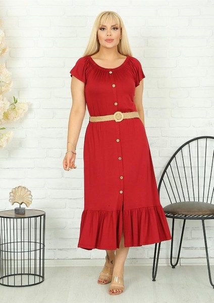 Kadın Büyük Beden Bordo Yaka Lastik Eteği Fırfır Likralı Viskon Elbise (Kemer Dahil Değil) modelleri