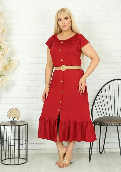 Kadın Büyük Beden Bordo Yaka Lastik Eteği Fırfır Likralı Viskon Elbise (Kemer Dahil Değil) fırsatları