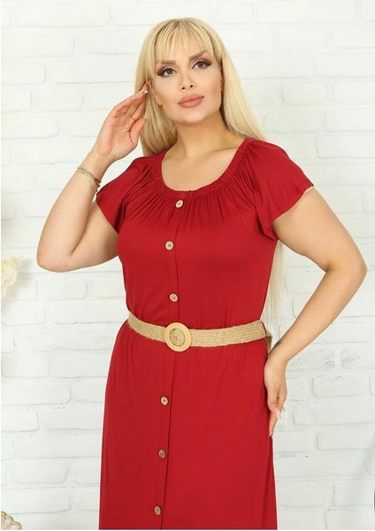 Kadın Büyük Beden Bordo Yaka Lastik Eteği Fırfır Likralı Viskon Elbise (Kemer Dahil Değil) indirimleri