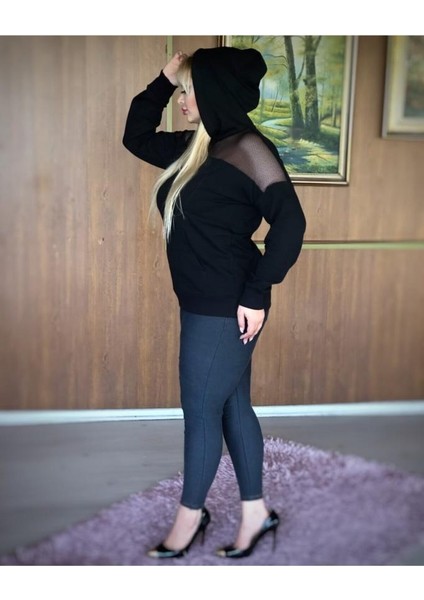 Kadın Siyah Büyük Beden Cepli Kapşonlu File Detay Likralı Iki Iplik Sweatshirt
